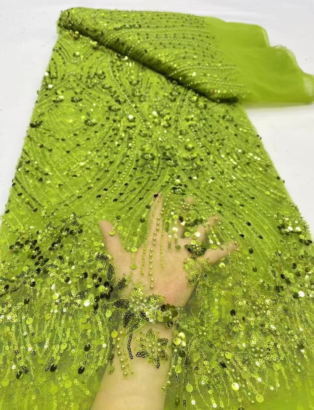 Olive Green Beaded Net Lace