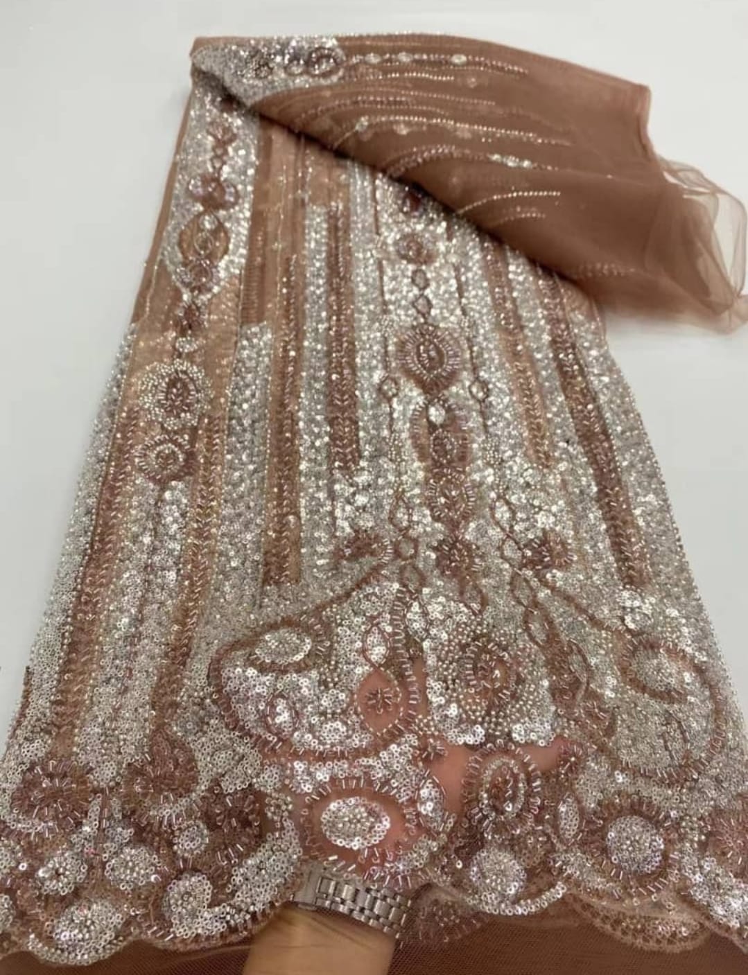 Mocha Rice Beaded Net Lace