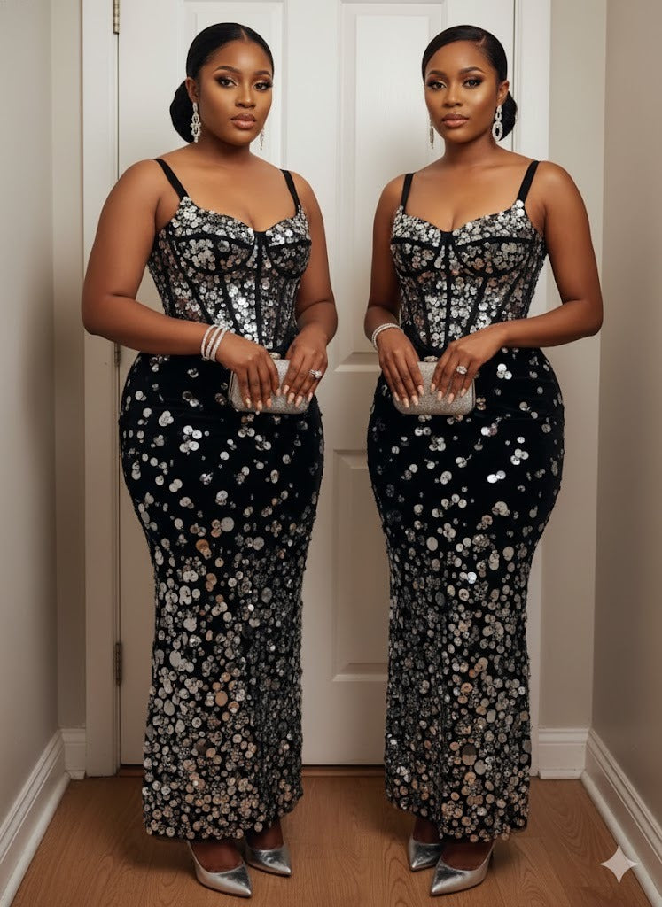 Silver Sequin and Black Velvet Fabric