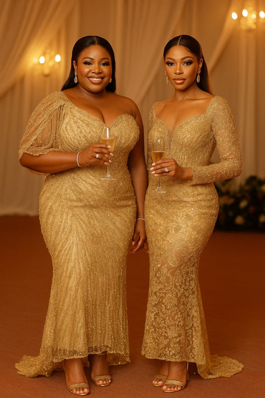 Champagne Gold Beaded Net Lace