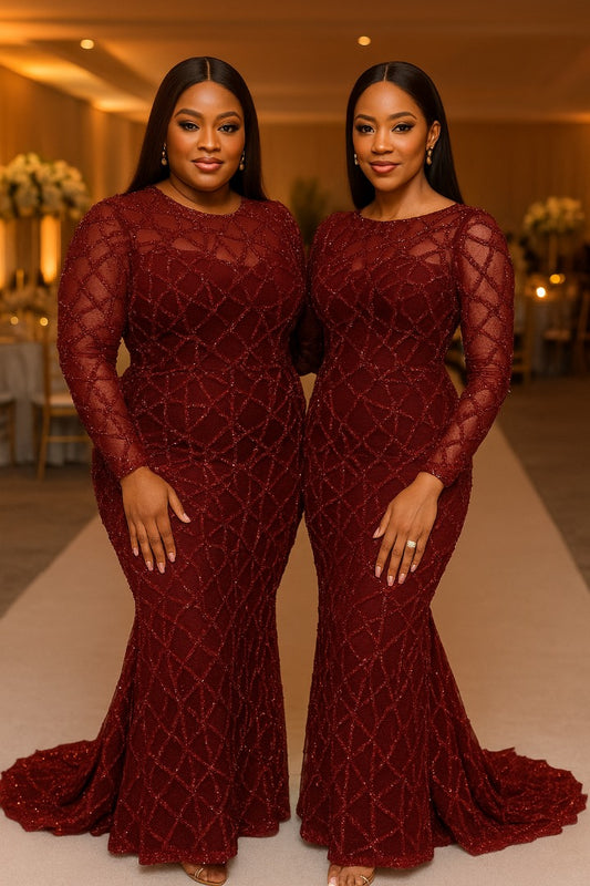 Burgundy Beaded Net Lace